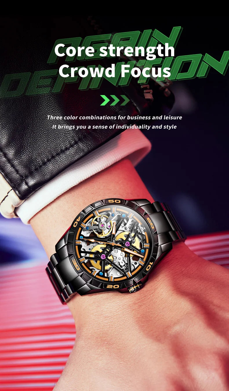 OUPINKE 3196 Fully Automatic Mechanical Watch Men Stainless steel Waterproof Green Night Light High-end Wristwatch Man