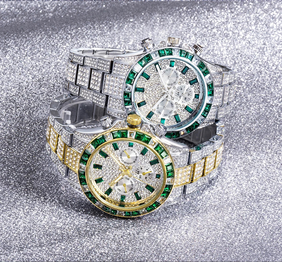 MISSFOX Blingbling Wristwatch For Men Luxury Colour Diamond Calendar Quartz Watch Hip Hop Fashion Waterproof Man Clock Hot Sale