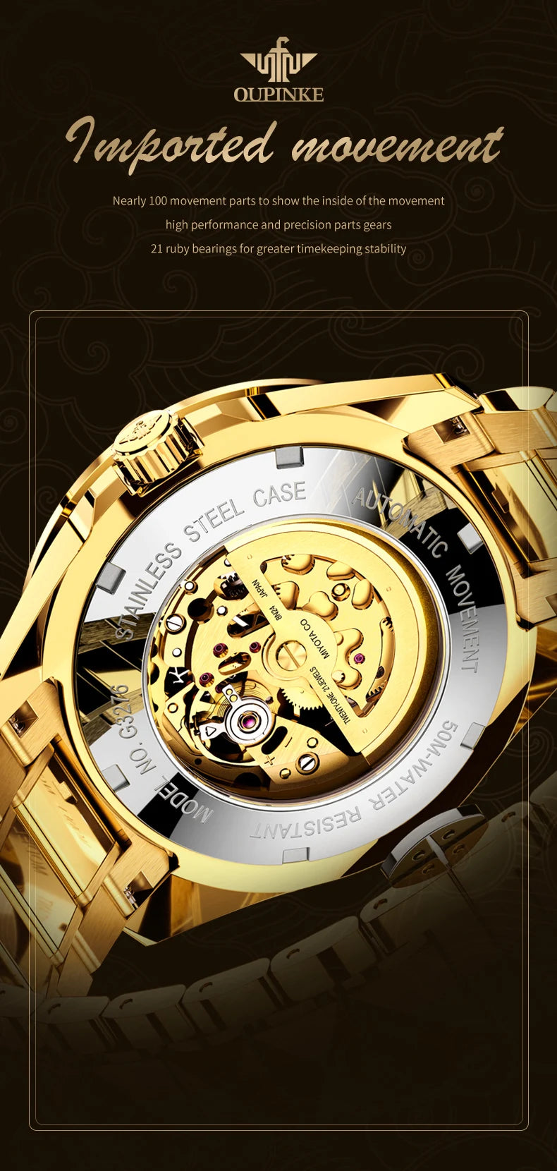  OUPINKE 3276 Mens Watch Original luxury Brand Automatic Mechanical Watch Dragon Dial Watch For Men Moon Phase Watch Mens Gift