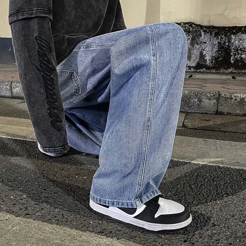 Korean Fashion Classic Jeans Men's Four Seasons Loose Straight Wide Leg Pants Street Hip-Hop Baggy Student Unisex Pants
