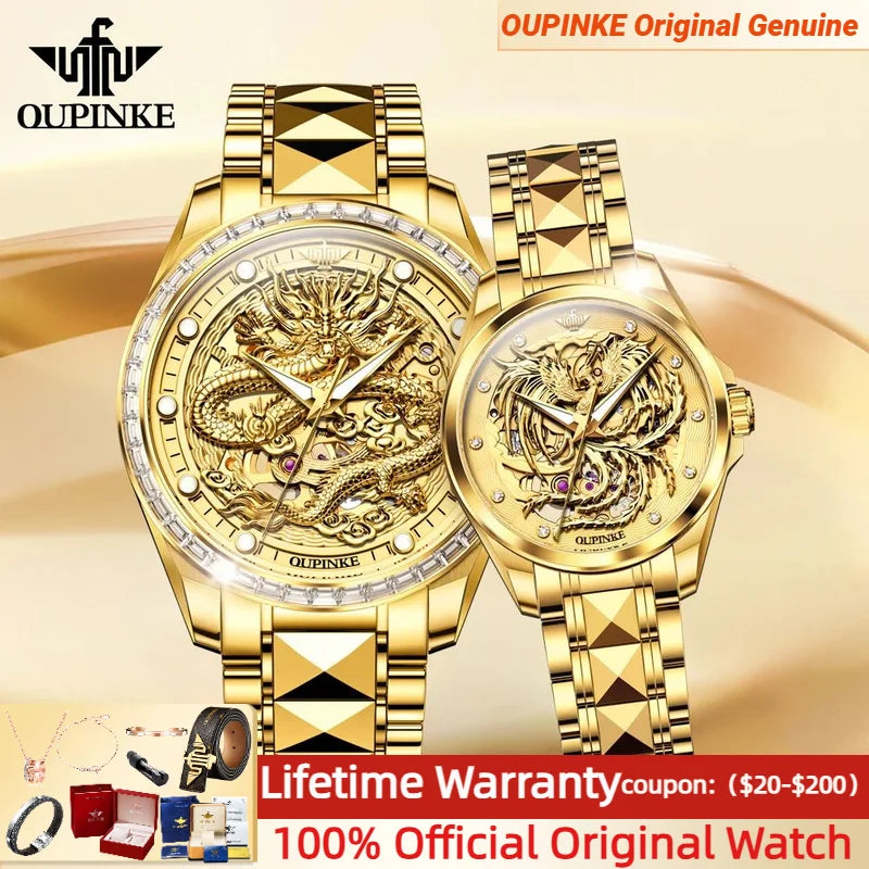 OUPINKE High End Gold Dragon Watch for Men Women Tungsten steel Automatic Mechanical Couple Watches Luxury Couple Wristwatches