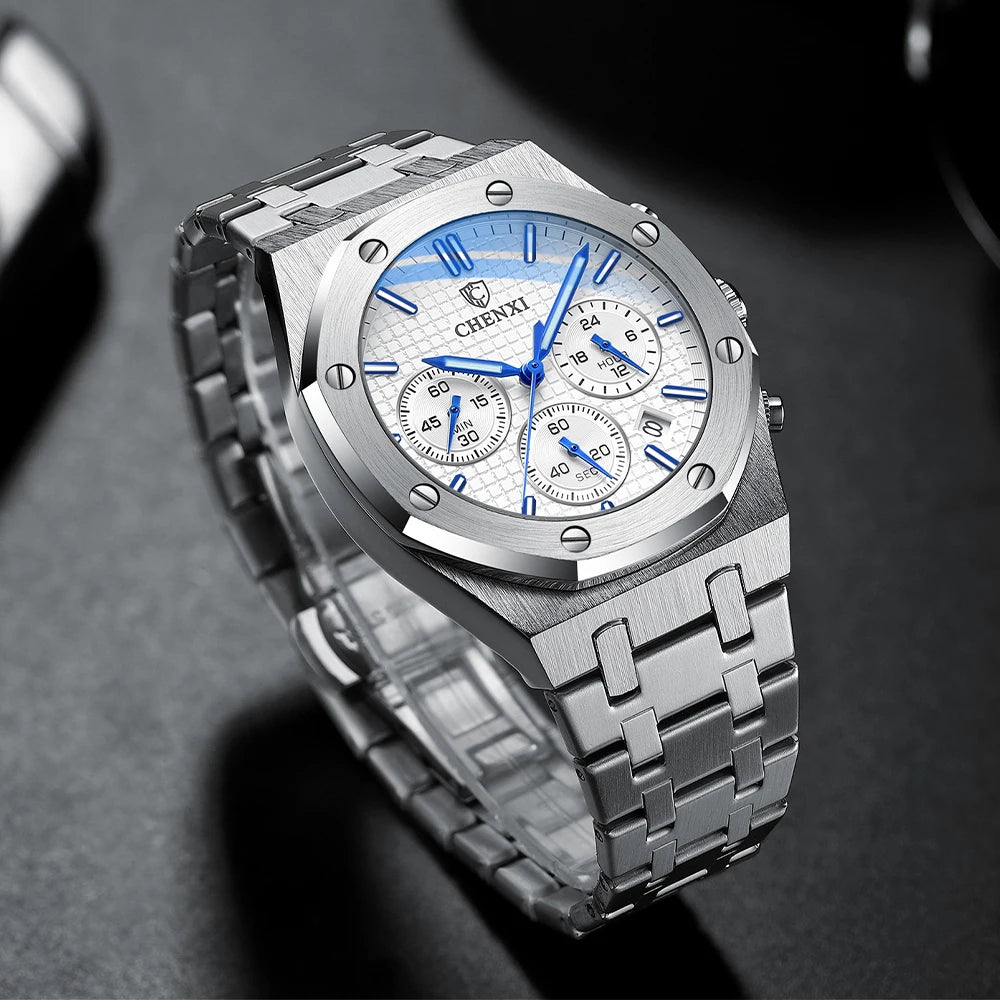 CHENXI Brand Multi-Function Sports Man Watch Luminous Chronograph Steel Strap Waterproof Calendar Quartz Watches Male