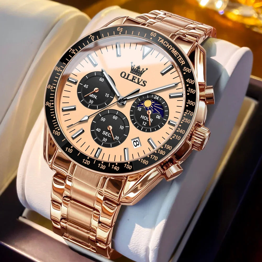 OLEVS Top Fashion All Steel Men Watch Trend Quartz Watch Moon Phase Luminous Steel Strip Waterproof Male Wristwatch