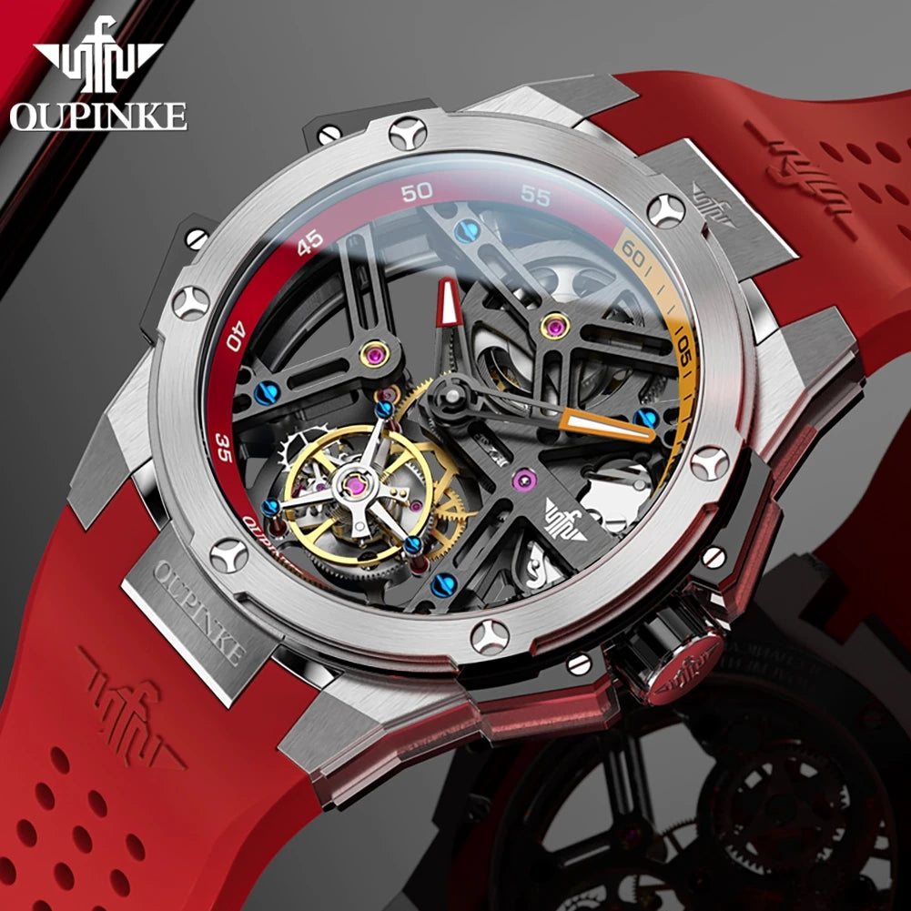 OUPINKE 8003 Men's Watch 45mm Big Dial Fashion Hollow Automatic Watch For Men Waterproof Luxury Tourbillon Mechanical Hand Clock