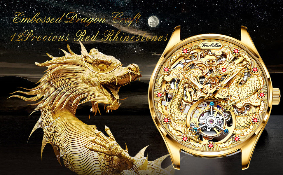 OUPINKE 3176 Automatic Watch For Men Tourbillon Dragon Dial Original Mechanical Hand Clock Deep Waterproof Business Man Watch