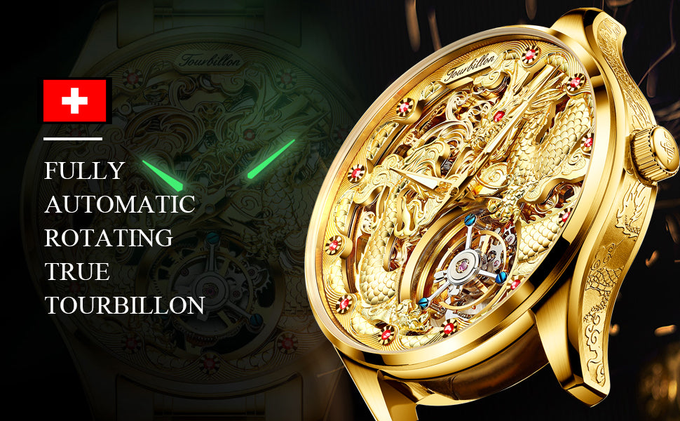 OUPINKE 3176 Automatic Watch For Men Tourbillon Dragon Dial Original Mechanical Hand Clock Deep Waterproof Business Man Watch