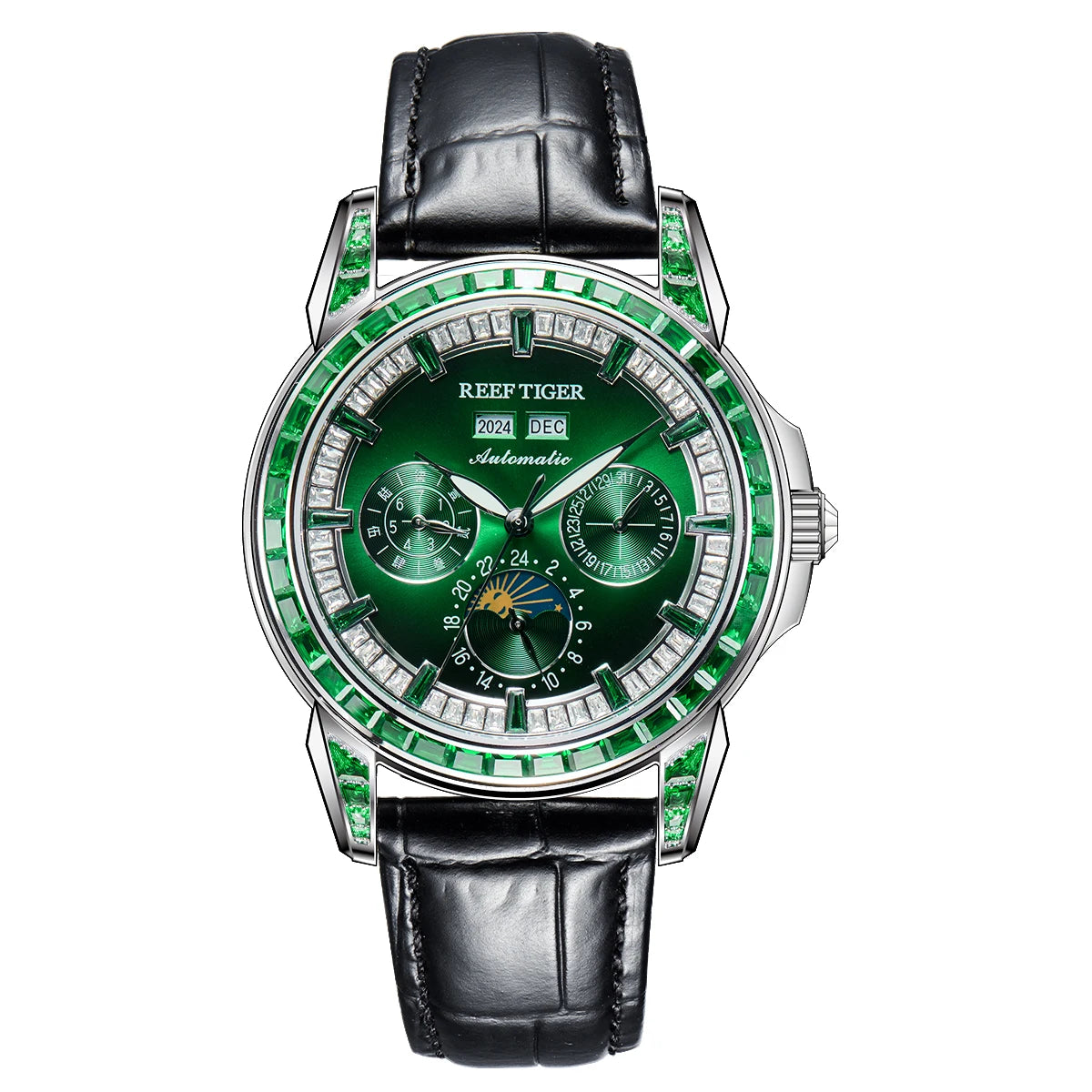 Reef Tiger/RT Brand Mens MoonPhase Automatic Watch Diamonds Bezel Blue Dial Waterproof Leather Strap Multifunction Watch RGA1988