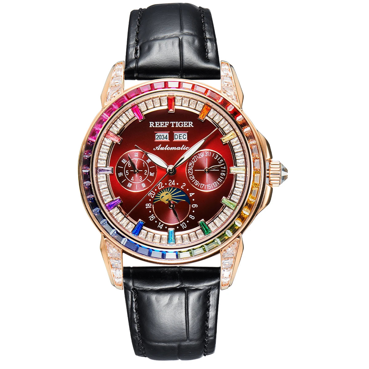 Reef Tiger/RT Brand Mens MoonPhase Automatic Watch Diamonds Bezel Blue Dial Waterproof Leather Strap Multifunction Watch RGA1988