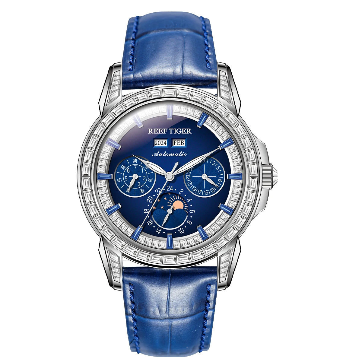 Reef Tiger/RT Brand Mens MoonPhase Automatic Watch Diamonds Bezel Blue Dial Waterproof Leather Strap Multifunction Watch RGA1988