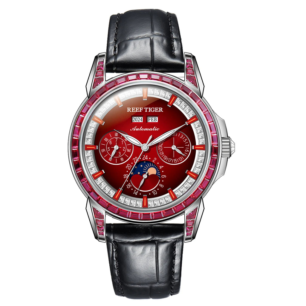 Reef Tiger/RT Brand Mens MoonPhase Automatic Watch Diamonds Bezel Blue Dial Waterproof Leather Strap Multifunction Watch RGA1988