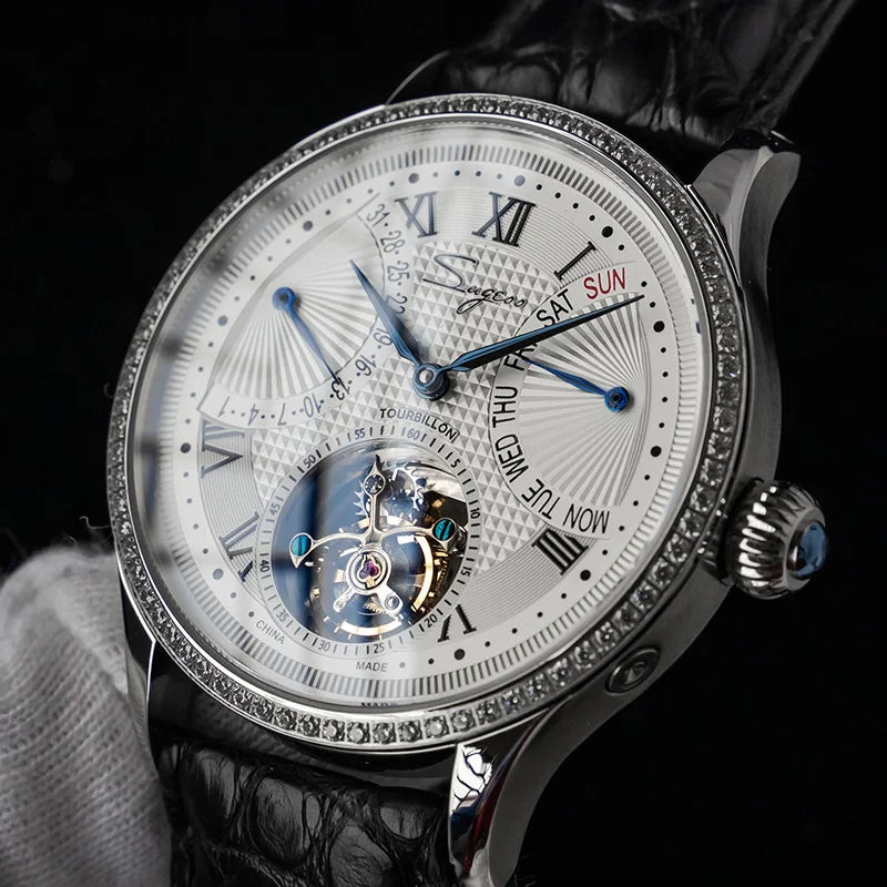 Sugess Tourbillon Mens Wrist Watches Mechanical Hand Wind Watch Original 8004 Movement Date Skeleton Functions Crocodile Leather