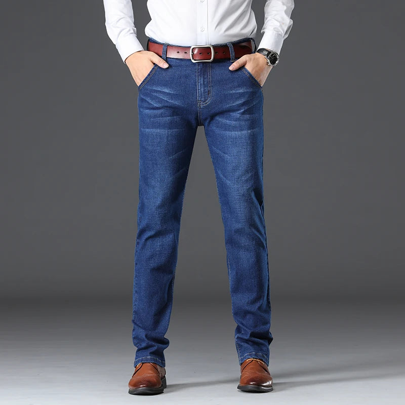 Mens Jeans  Business Regular Straight Full Lenght Jean Casual Denim Trousers Elasticity Stretch Fabric Pant