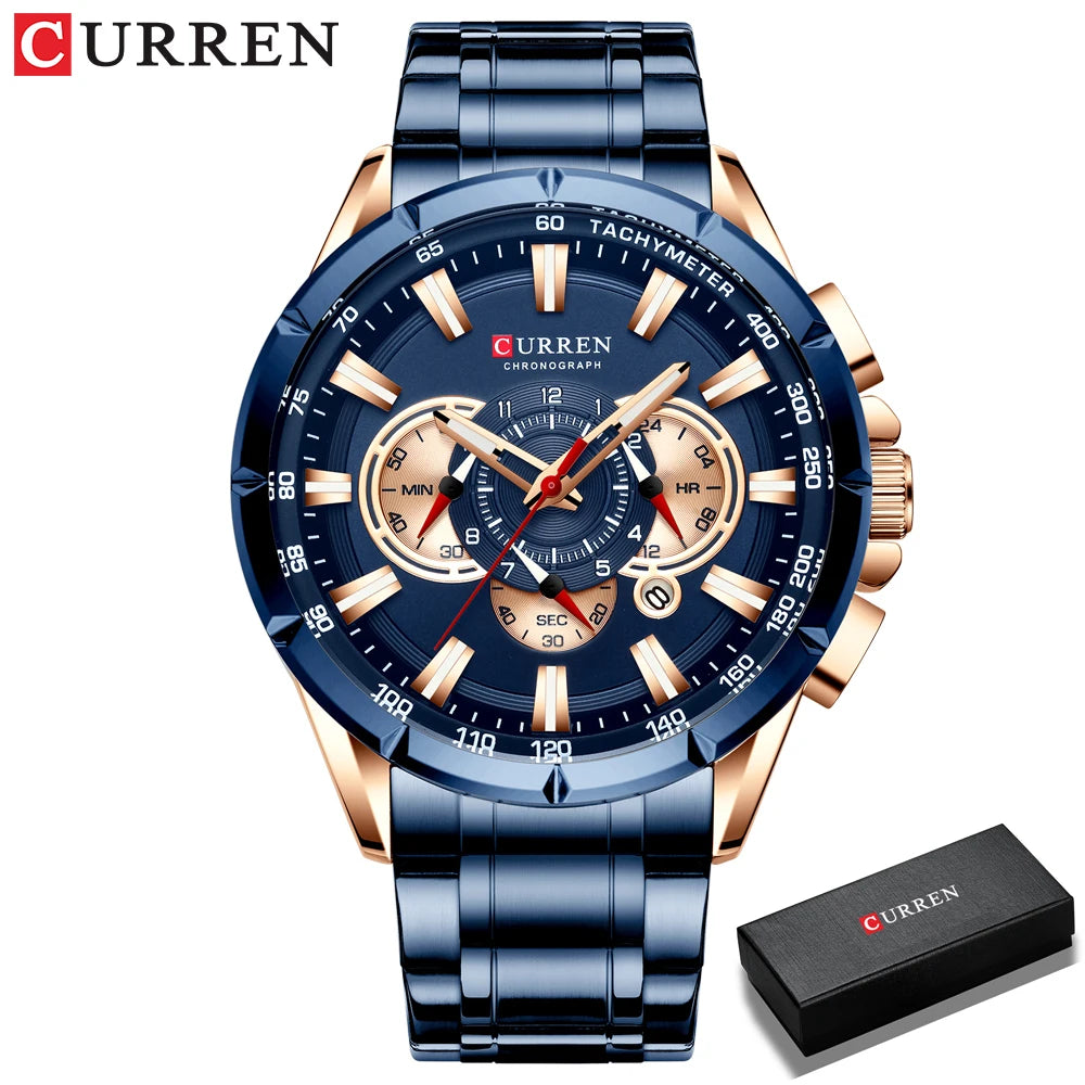 Men New CURREN Casual Sport Chronograph Men's Watch Stainless Steel Band Wristwatch Big Dial Quartz Clock with Luminous Pointers