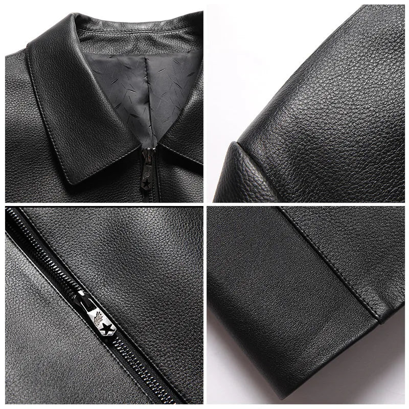 Men's Leather Jacket, Natural Cowhide Leather Coat, Lapel Middle-aged Dad Coat, Spring and Autumn