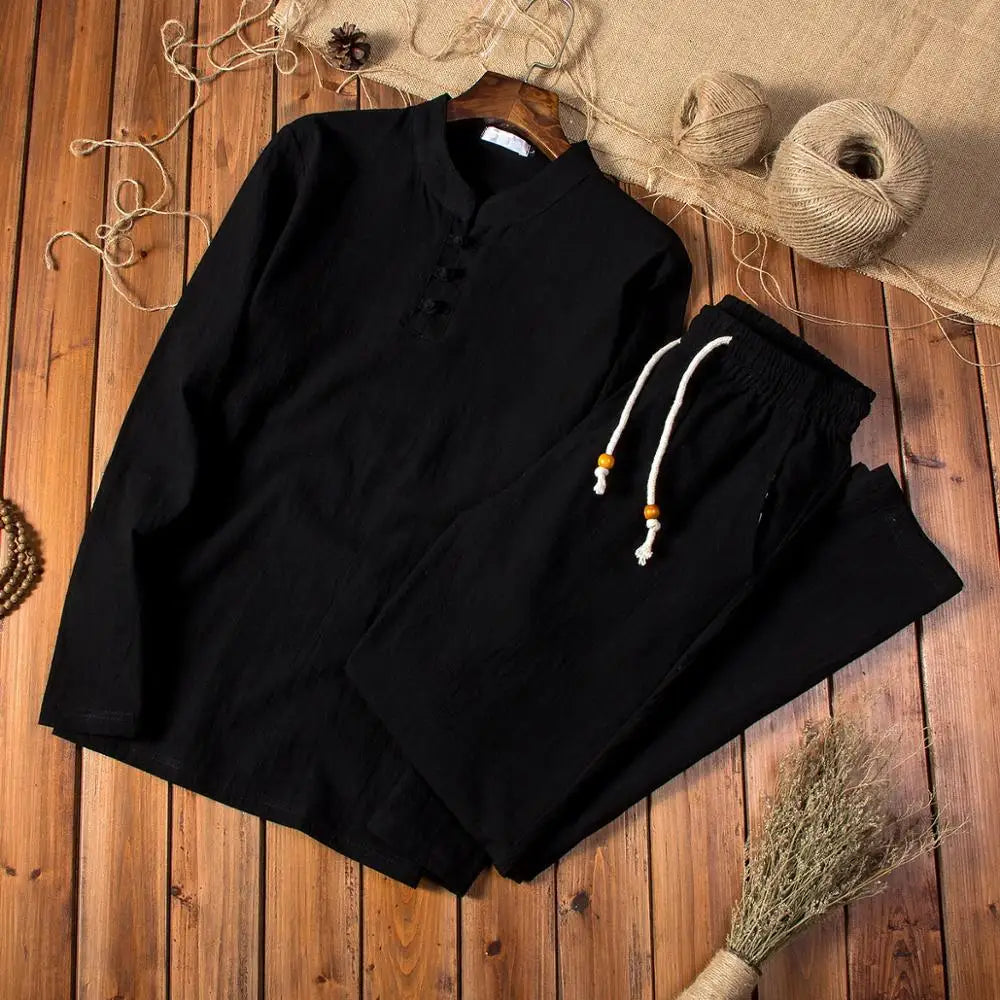 (Shirt + trousers) 2024 autumn men shirt Man Cotton and linen shirts men's High quality of casual fashion shirts men size M-5XL