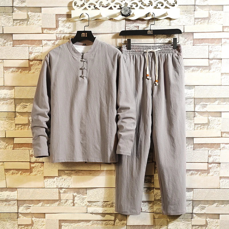 (Shirt + trousers) 2024 autumn men shirt Man Cotton and linen shirts men's High quality of casual fashion shirts men size M-5XL