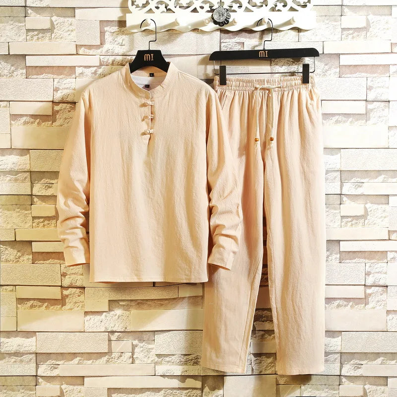 (Shirt + trousers) 2024 autumn men shirt Man Cotton and linen shirts men's High quality of casual fashion shirts men size M-5XL