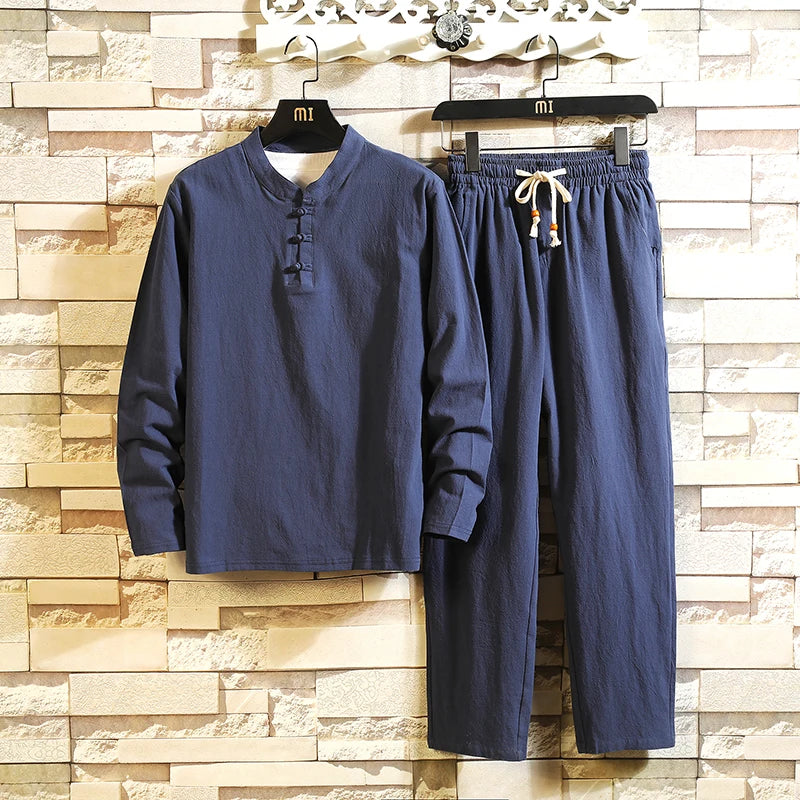 (Shirt + trousers) 2024 autumn men shirt Man Cotton and linen shirts men's High quality of casual fashion shirts men size M-5XL