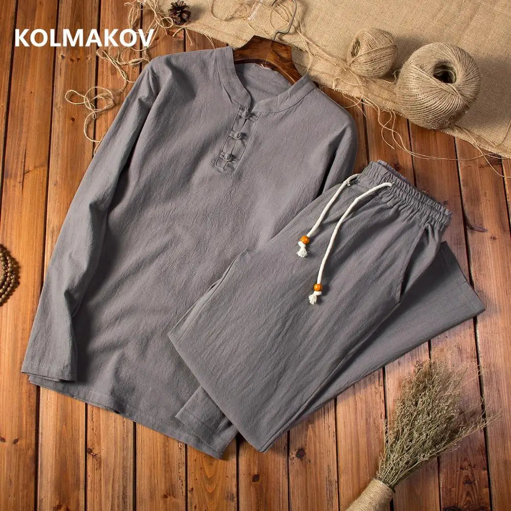 (Shirt + trousers) 2024 autumn men shirt Man Cotton and linen shirts men's High quality of casual fashion shirts men size M-5XL
