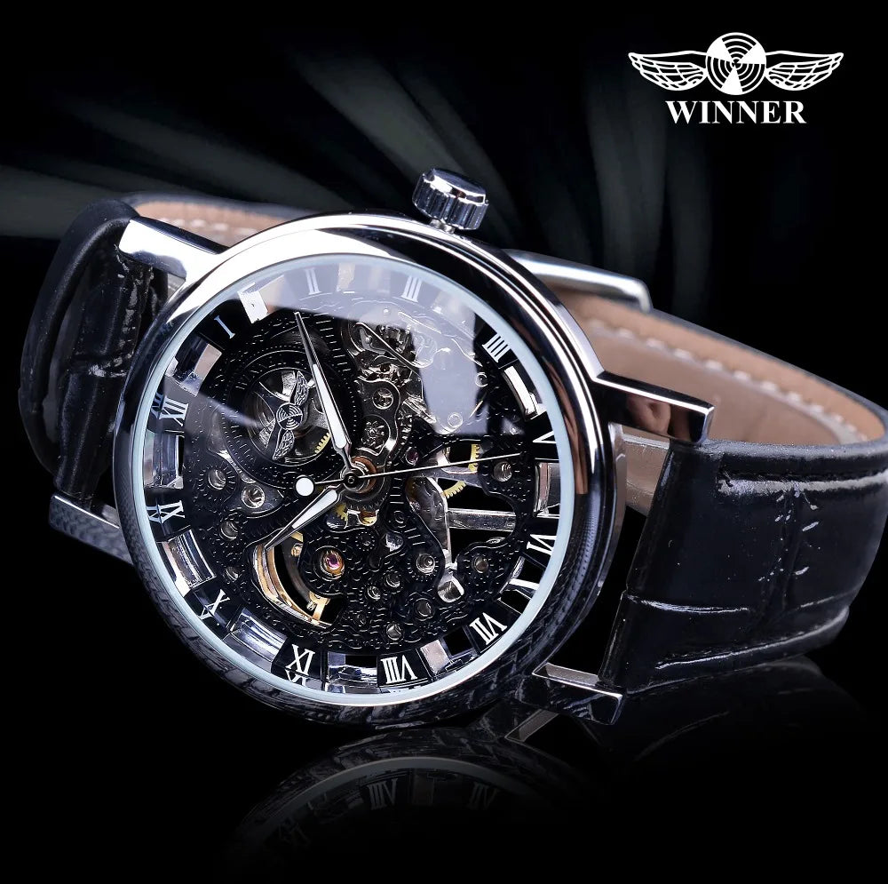Winner Transparent Fashion Case Luxury Casual Design Leather Strap Mens Watches Top Brand Luxury Mechanical Skeleton Watch