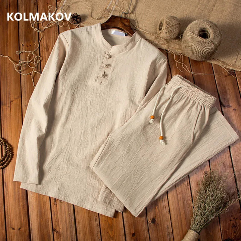 (Shirt + trousers) 2024 autumn men shirt Man Cotton and linen shirts men's High quality of casual fashion shirts men size M-5XL