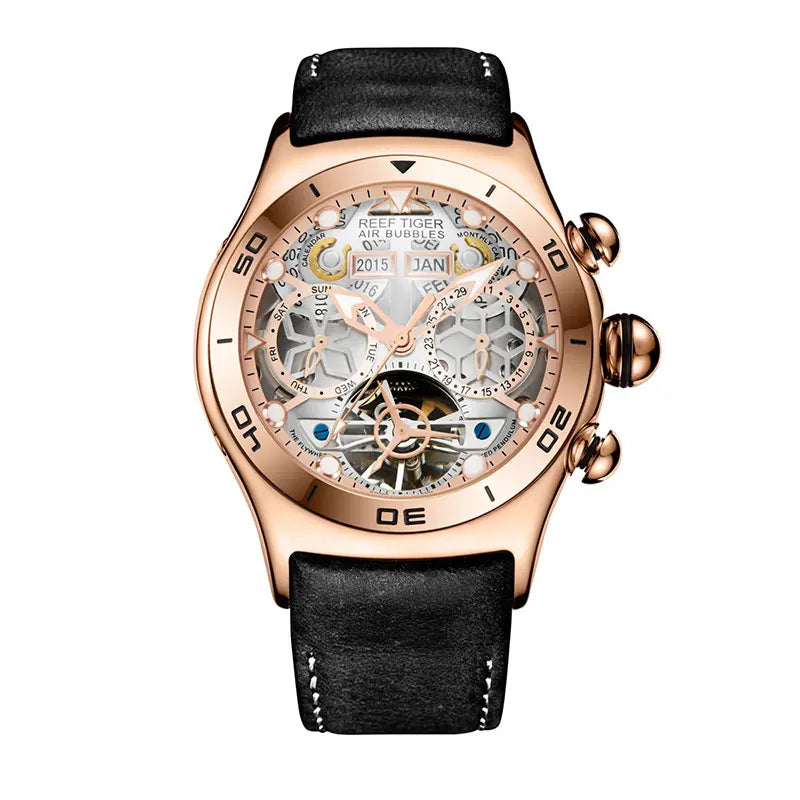Reef Tiger/RT Luminous Sport Automatic Watches For Men Steel Tourbillon Year Month Calendar Sapphire Waterproof Clock RGA703