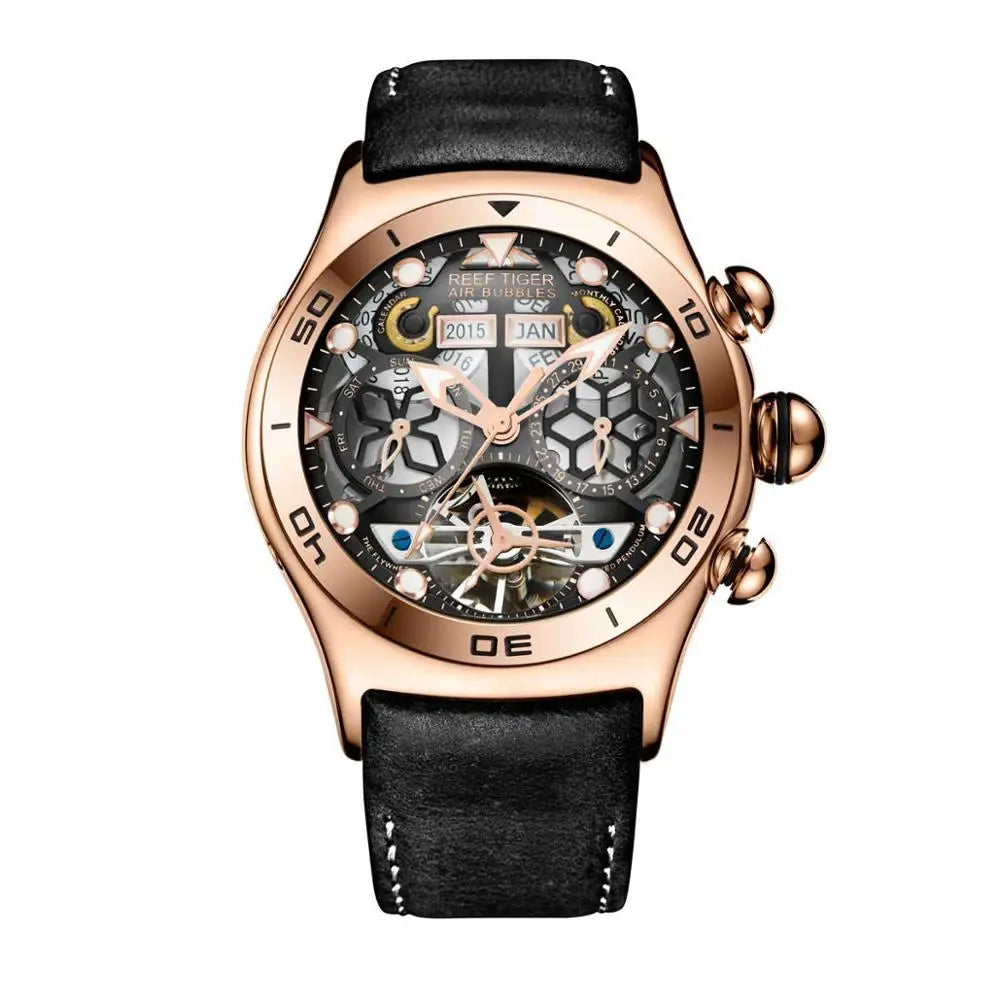 Reef Tiger/RT Luminous Sport Automatic Watches For Men Steel Tourbillon Year Month Calendar Sapphire Waterproof Clock RGA703