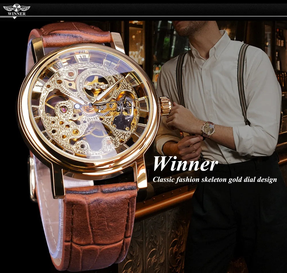 Winner Transparent Fashion Case Luxury Casual Design Leather Strap Mens Watches Top Brand Luxury Mechanical Skeleton Watch