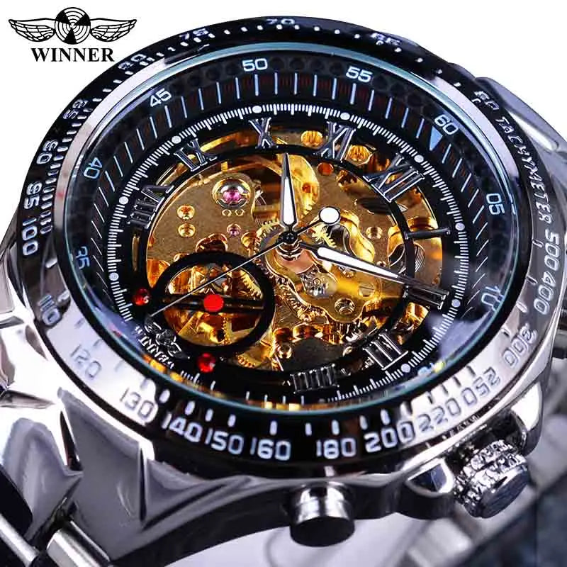 Winner Mechanical Sport Design Bezel Golden Watch Mens Watches Top Brand Luxury Montre Homme Clock Men Automatic Skeleton Watch
