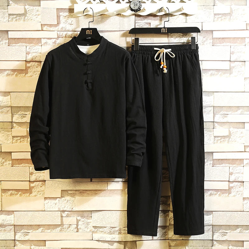(Shirt + trousers) 2024 autumn men shirt Man Cotton and linen shirts men's High quality of casual fashion shirts men size M-5XL