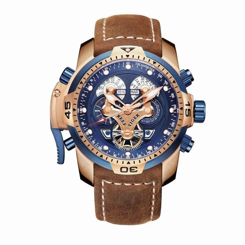 Reef Tiger/RT Luxury Brand Blue Military Watch Men Leather Strap Steel Automatic Watch Waterproof Relogio Masculino RGA3503