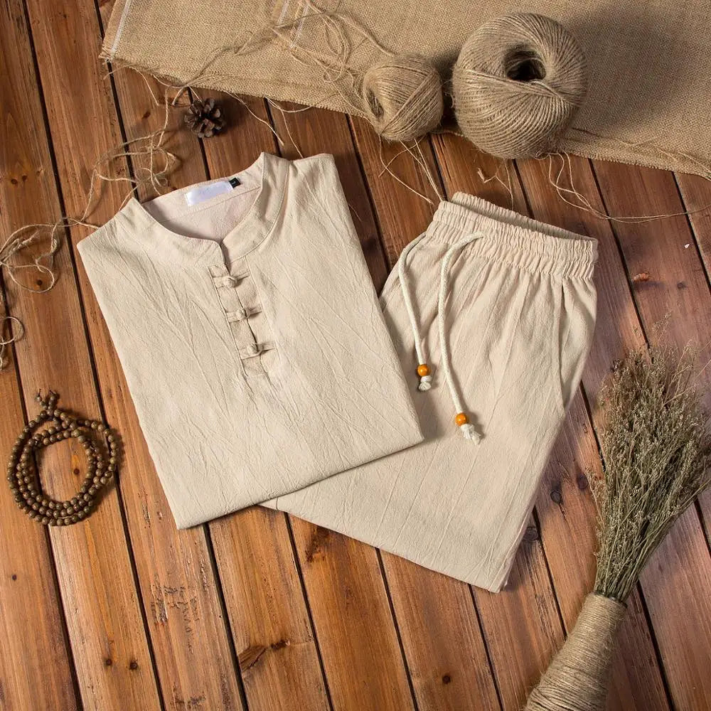 (Shirt + trousers) 2024 autumn men shirt Man Cotton and linen shirts men's High quality of casual fashion shirts men size M-5XL