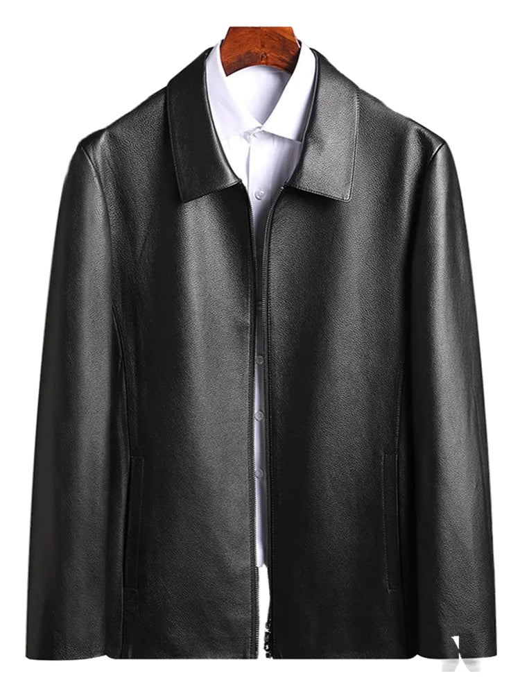Men's Leather Jacket, Natural Cowhide Leather Coat, Lapel Middle-aged Dad Coat, Spring and Autumn