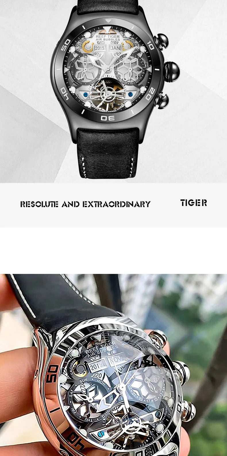 Reef Tiger/RT Luminous Sport Automatic Watches For Men Steel Tourbillon Year Month Calendar Sapphire Waterproof Clock RGA703