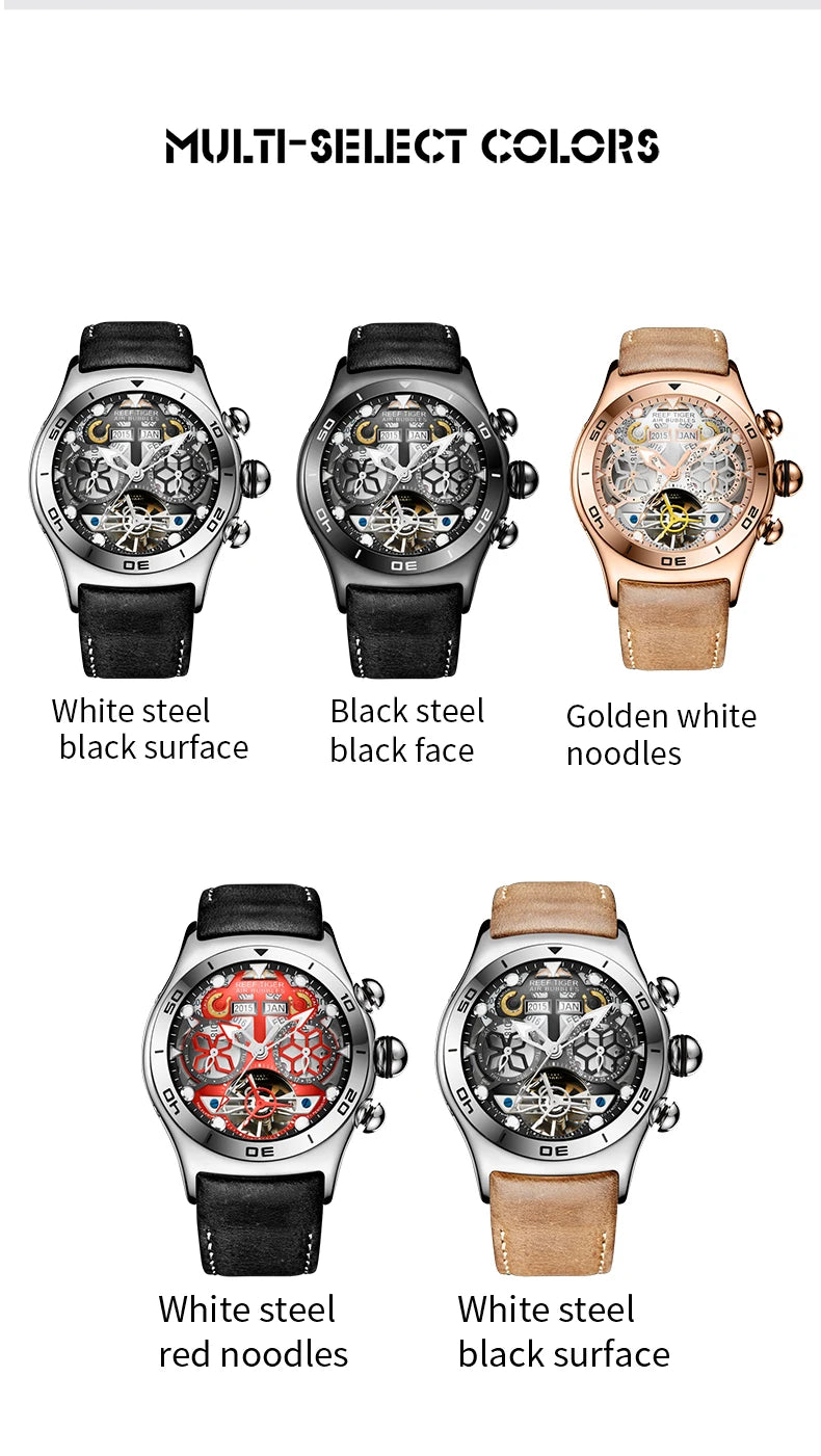 Reef Tiger/RT Luminous Sport Automatic Watches For Men Steel Tourbillon Year Month Calendar Sapphire Waterproof Clock RGA703