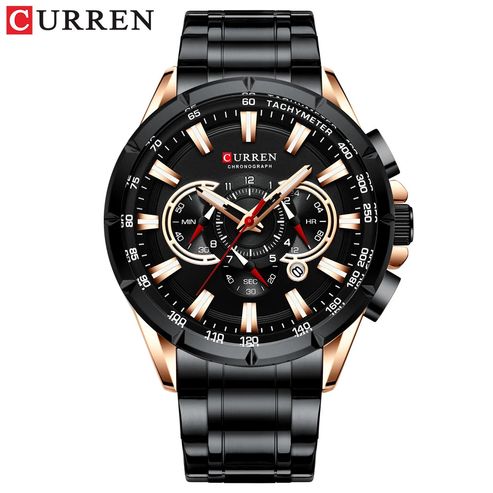 Men New CURREN Casual Sport Chronograph Men's Watch Stainless Steel Band Wristwatch Big Dial Quartz Clock with Luminous Pointers