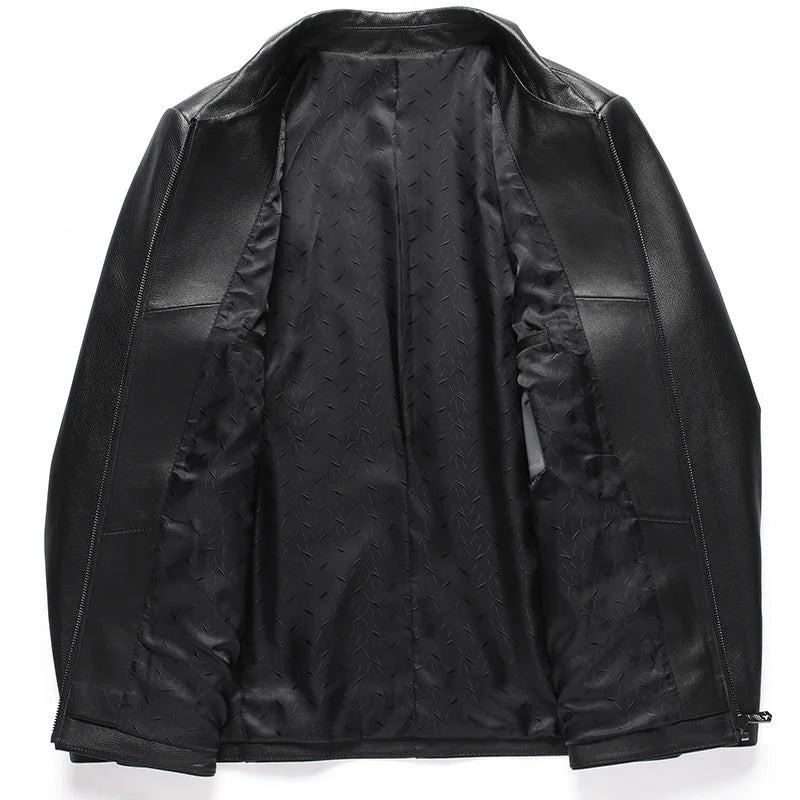 Men's Leather Jacket, Natural Cowhide Leather Coat, Lapel Middle-aged Dad Coat, Spring and Autumn