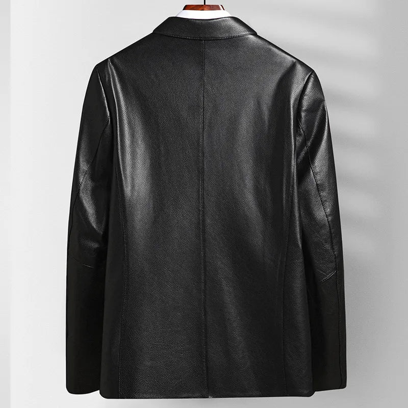 Men's Leather Jacket, Natural Cowhide Leather Coat, Lapel Middle-aged Dad Coat, Spring and Autumn