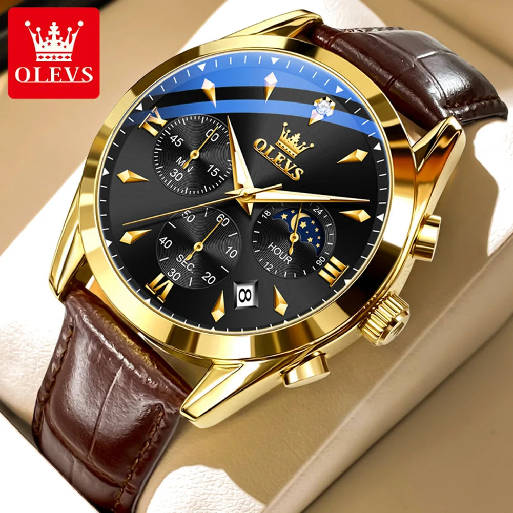 OLEVS 3609 Original Moon Phase Chronograph Man Watch Leather Strap Waterproof Luminous Luxury Brand Quartz Wrist Watches for Men