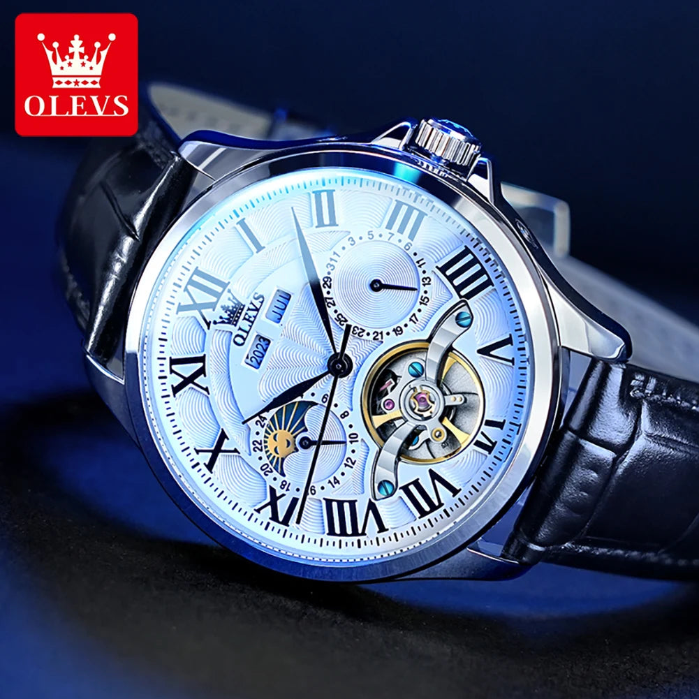 OLEVS 7013 Men's Watch Fashion Moon Phase Mechanical Watch For Men Waterproof Roman Scale Hollow Flywheel Automatic Hand Clock