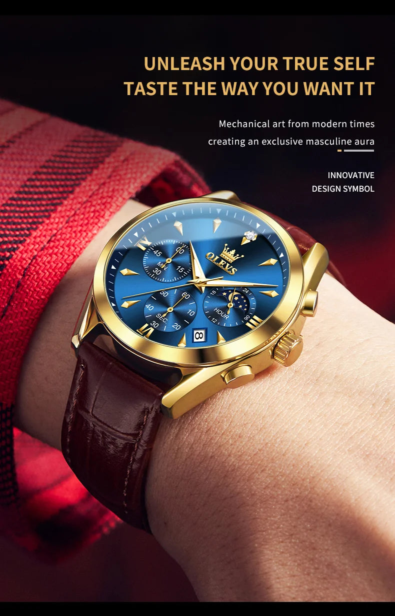 OLEVS 3609 Original Moon Phase Chronograph Man Watch Leather Strap Waterproof Luminous Luxury Brand Quartz Wrist Watches for Men