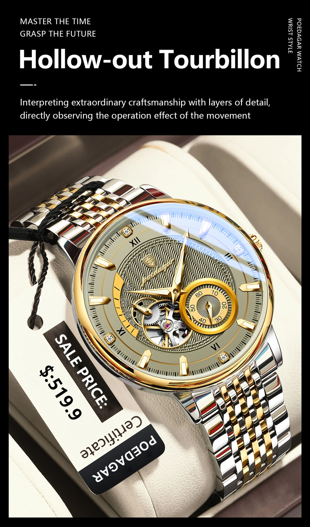 POEDAGAR Luxury Man Wristwatch Top Automatic Mechanical Luminous Men Watch Hollow Tourbillon Stainless Steel Men's Watches Reloj