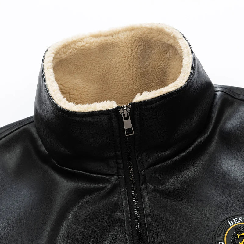 Men's Jackets Faux Leather with Fur Turn-down Collar Embroidered Brand Windproof Warm Coat Outwear