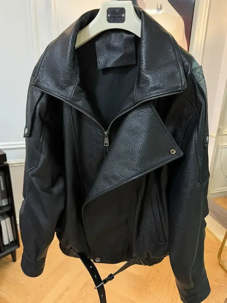2025 Autumn/winter fashion black leather jacket women jacket  loose casual coat PU leather motorcycle jacket womn tops