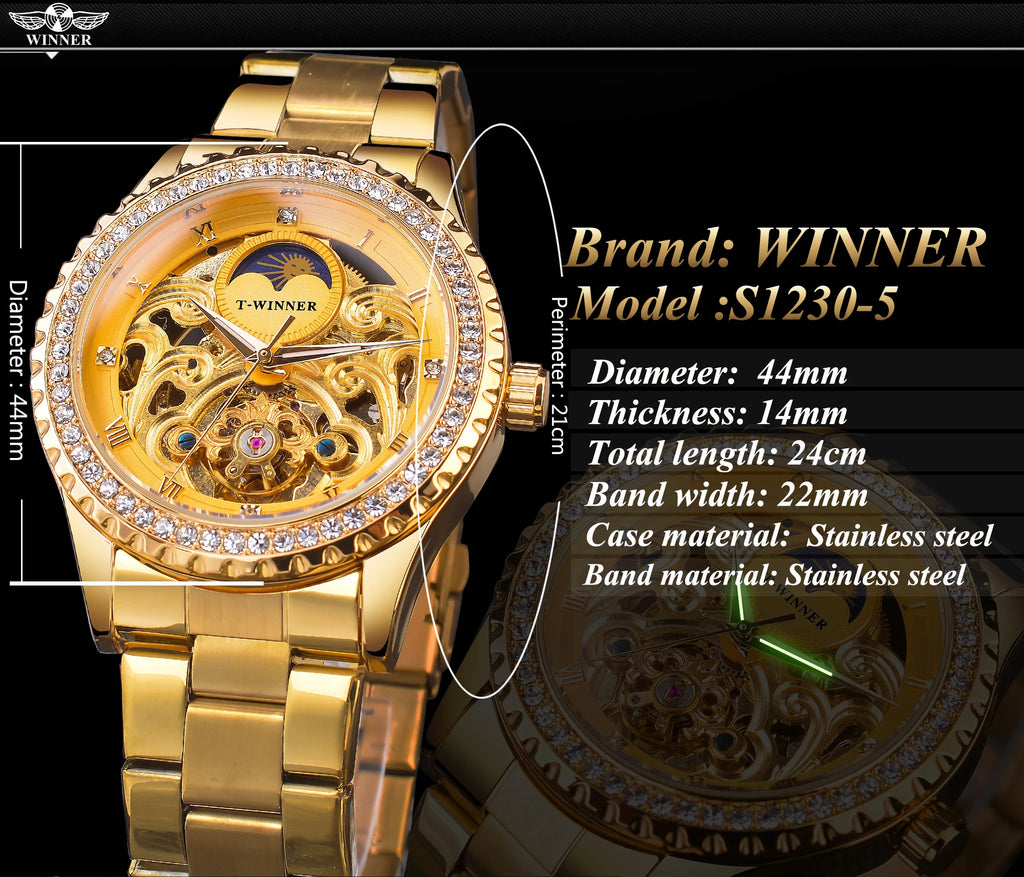 Winner Brand Golden Moon Phase Design Luxury Retro Style Diamond Full Stainless Steel Skeleton Tourbillon Men Automatic Watches