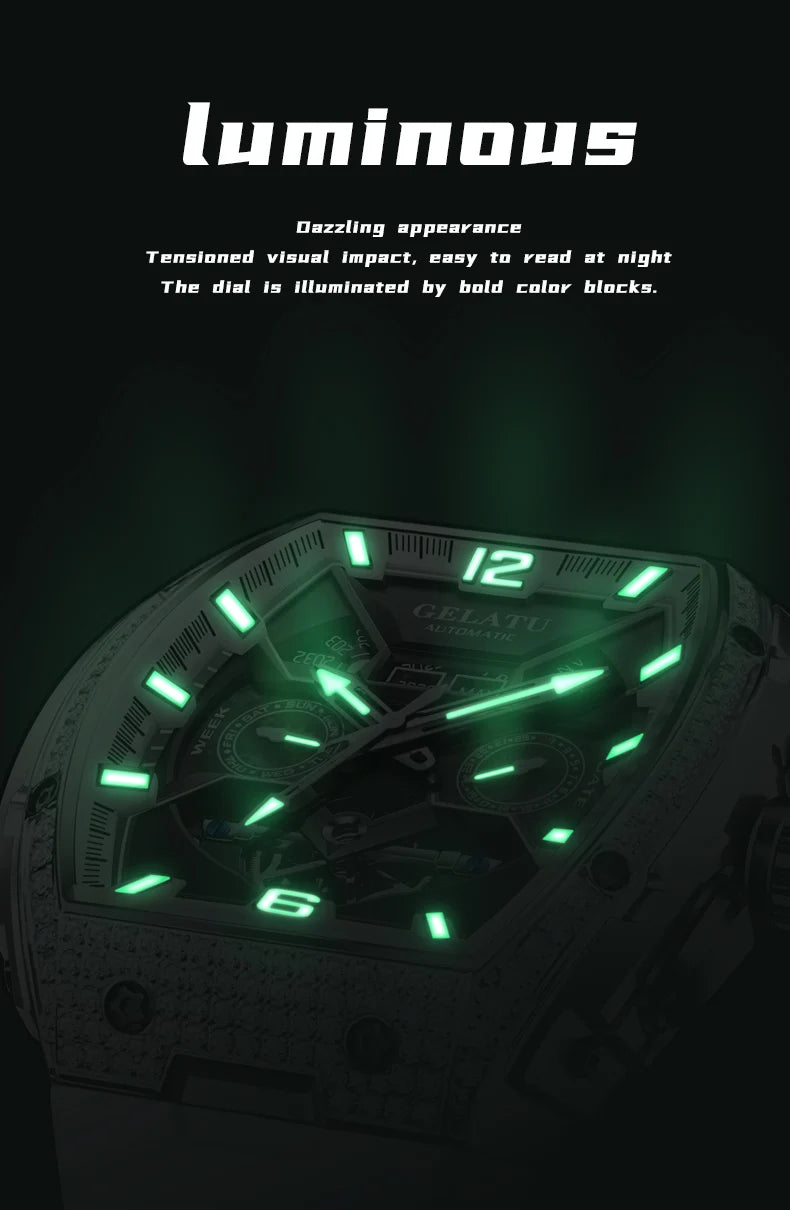 GELATU Top Brand Men's Watches Full Automatic Wristwatch for Man Hollow Mechanical Flywheel Date Week Waterproof Luminous