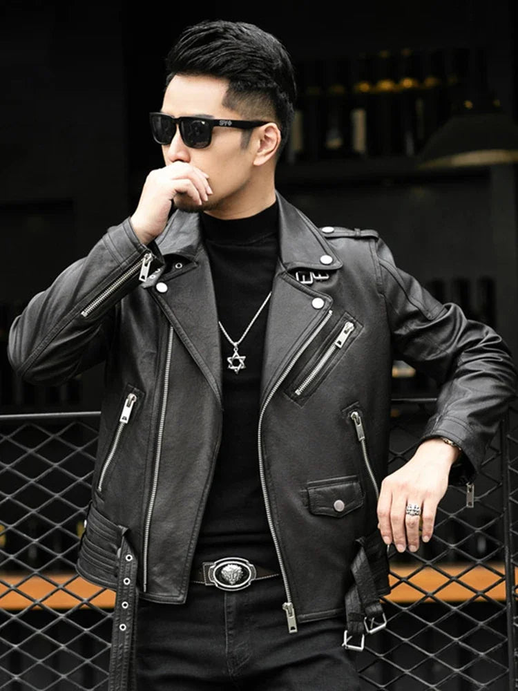 Brand Leather Jackets European Fashion Spring Autumn Short Cool Black Leather Biker Jacket Men Zipper Long Sleeve Belt Plus Size