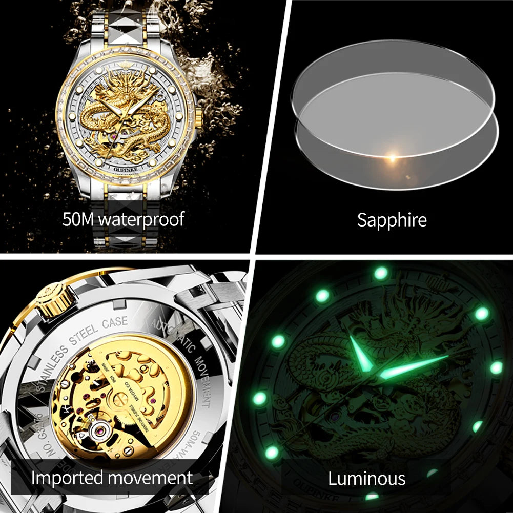﻿ OUPINKE 3276 Mens Watch Original luxury Brand Automatic Mechanical Watch﻿ Dragon Dial Watch For Men Moon Phase Watch Mens Gift