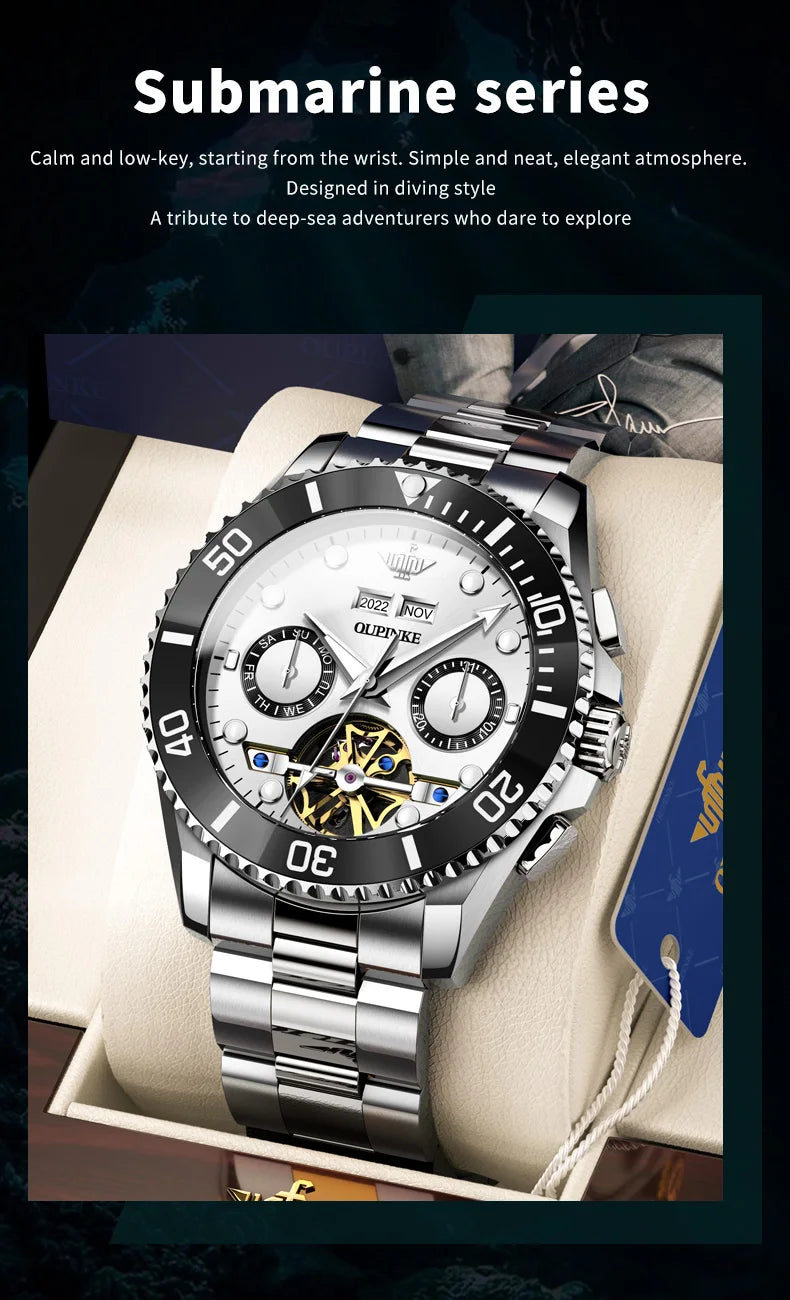 OUPINKE Automatic Mechanical Watches for Men White Black Panda Eye Skeleton Luxury Top Brand Sapphire Mirror Male Diving Watches