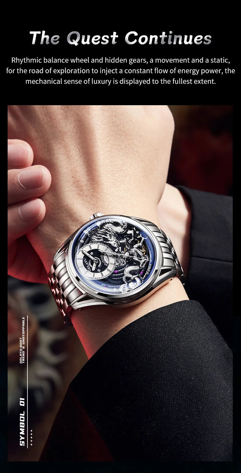 GELATU 6018 Men's Watch Top Brand Original Mechanical Watch For Men 50M Waterproof Luxury Hollow Dragon Automatic Wristwatch
